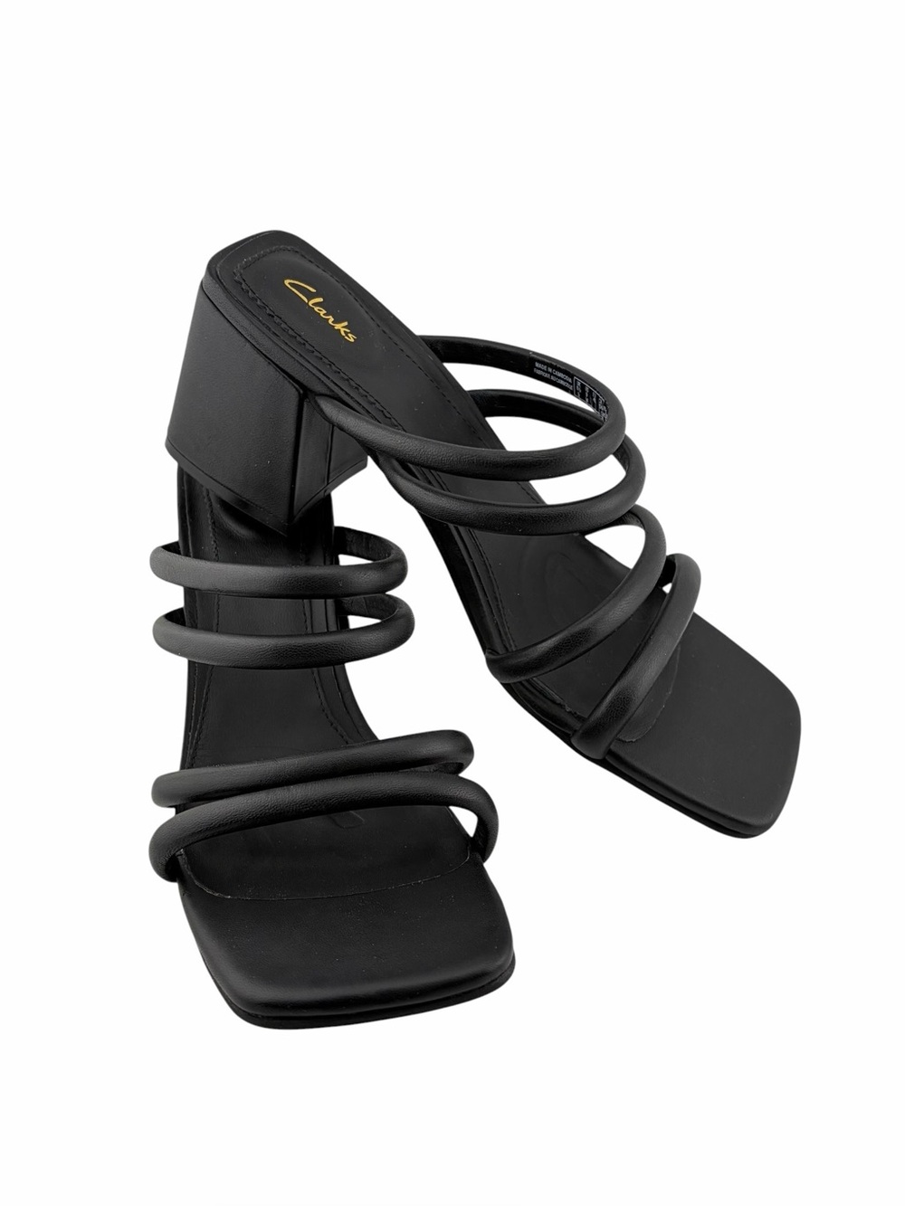 Clarks Sheer65 Mules Strappy Block Heel Sandals Womens 9M Black NWT Square Toe
